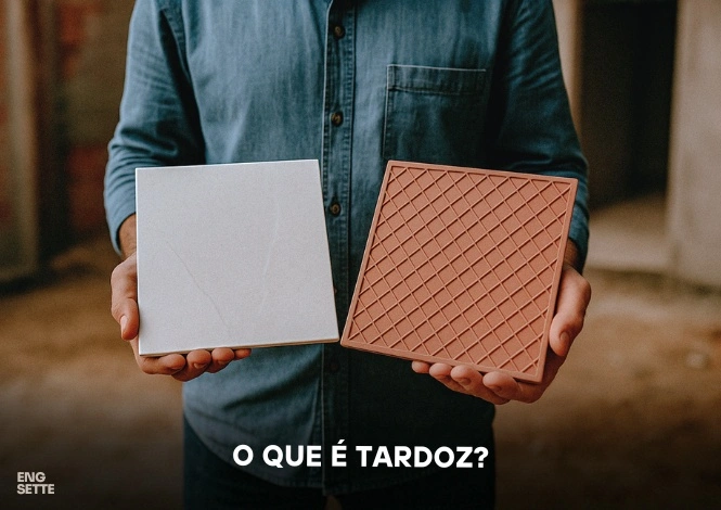 Engenheiro segurando duas peças cerâmicas, exibindo a diferença entre a face de acabamento (frente) e o tardoz (lado de trás que entra em contato com a argamassa).