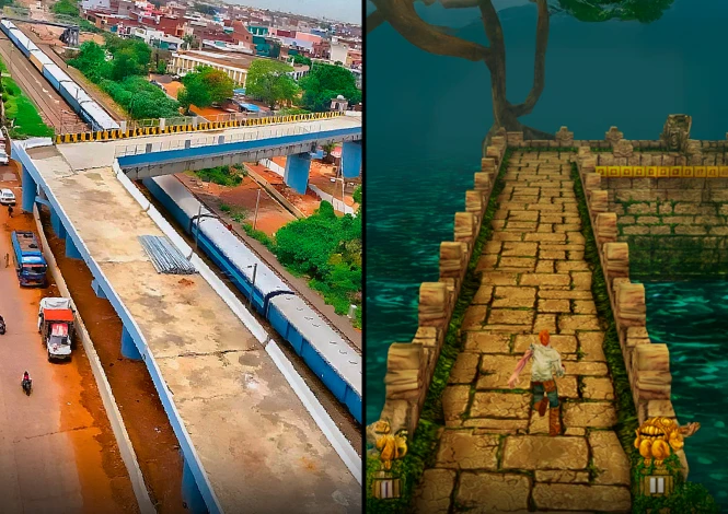 Ponte na Índia tem curva de quase 90° e é comparada ao jogo Temple Run 9 Uma Ponte na Índia tem curva de quase 90°. A imagem apresenta a comparação com o jogo Temple Run