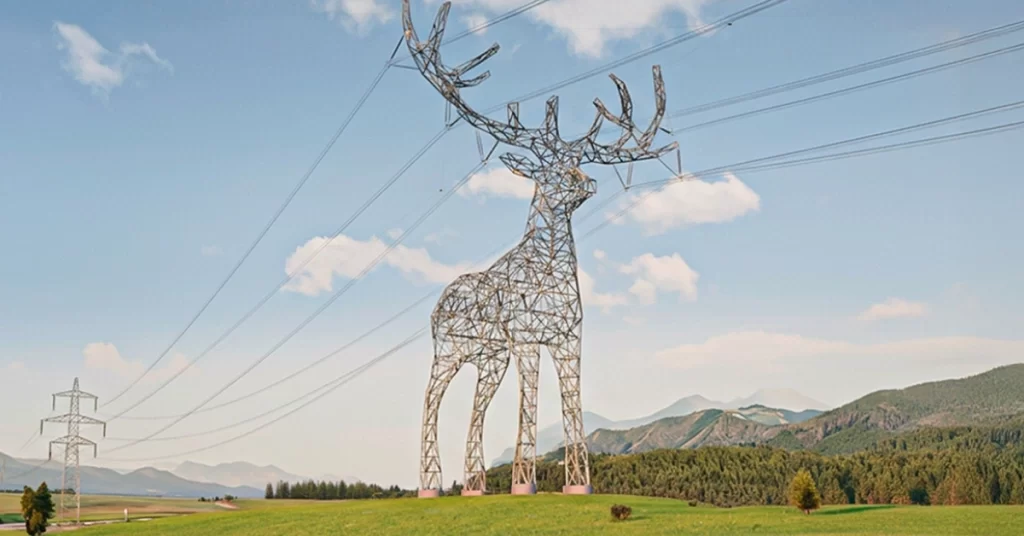 A imagem apresenta uma Torre de transmissão em formato de animal. Nesse caso, é em formato de cervo e faz parte do projeto Austrian Power Giants na Áustria.