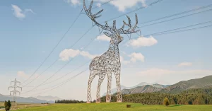 Início 21 A imagem apresenta uma Torre de transmissão em formato de animal. Nesse caso, é em formato de cervo e faz parte do projeto Austrian Power Giants na Áustria.