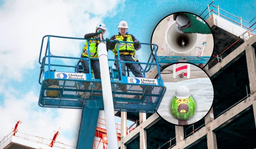 Teste de capacete na obra com trabalhadores em plataforma elevatória simulando queda de objeto para demonstrar impacto com e sem proteção.